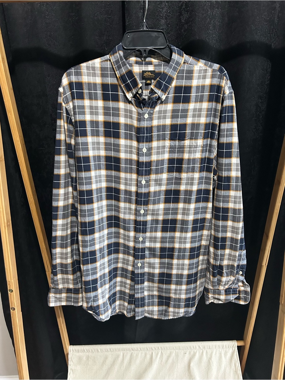 L.L. Bean Navy, White and Tan Plaid Button-Down Shirt